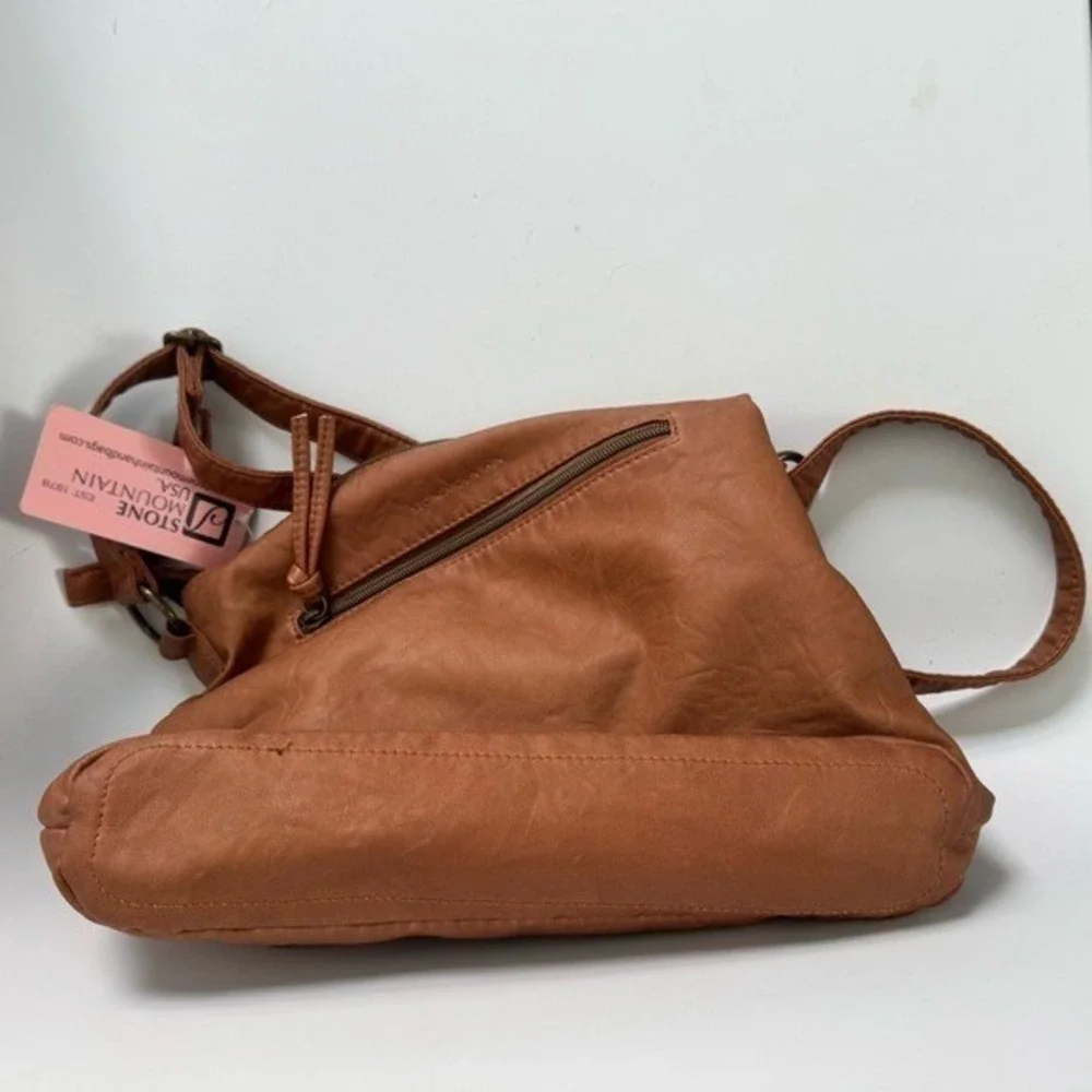 Stone Mountain USA Bag NWT Crossbody Bucket Faux Leather Tan Cognac Gorp Work